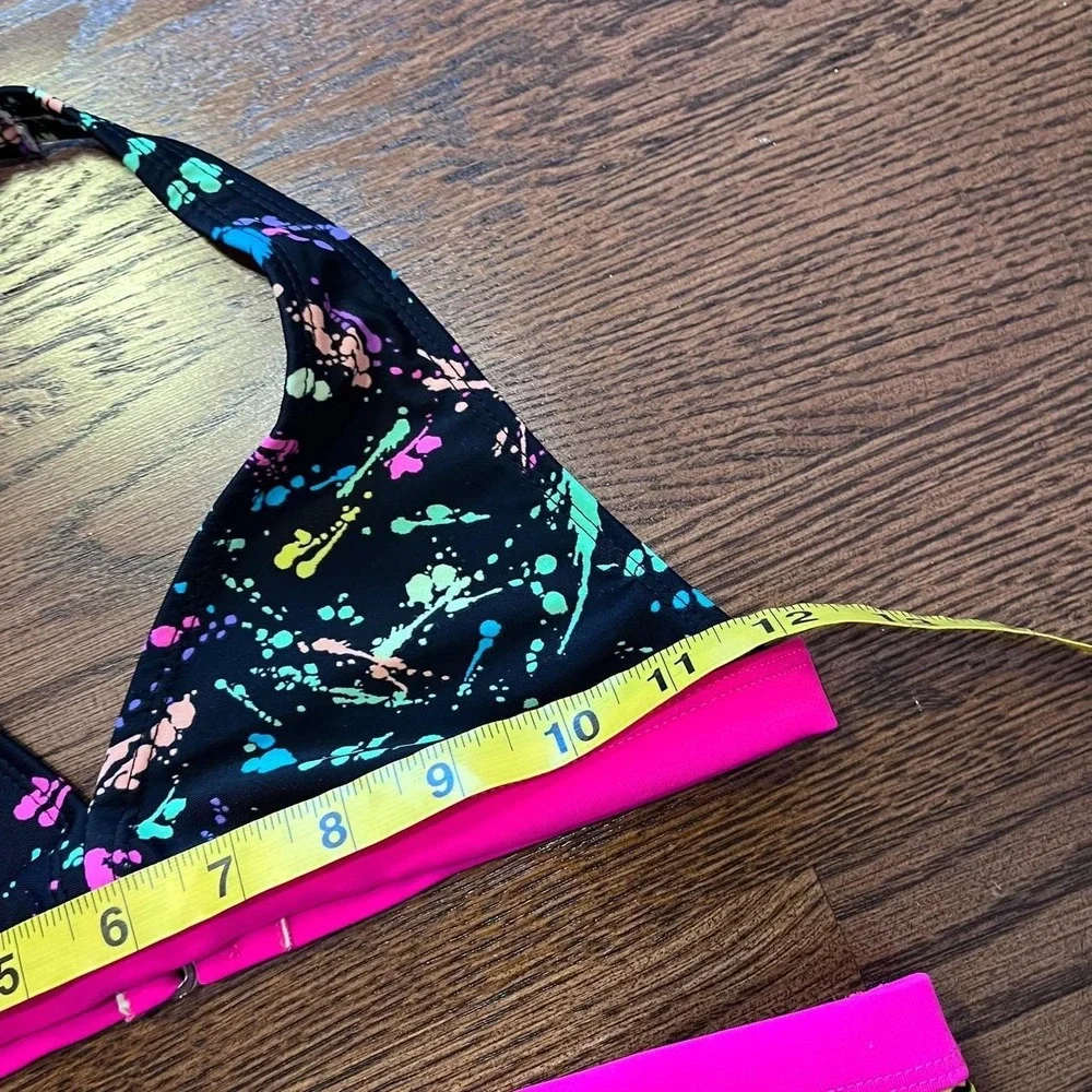 ⭐Y2K Ocean Pacific Paint Splatter Bikini Neon Pink Halter Two Piece XXS